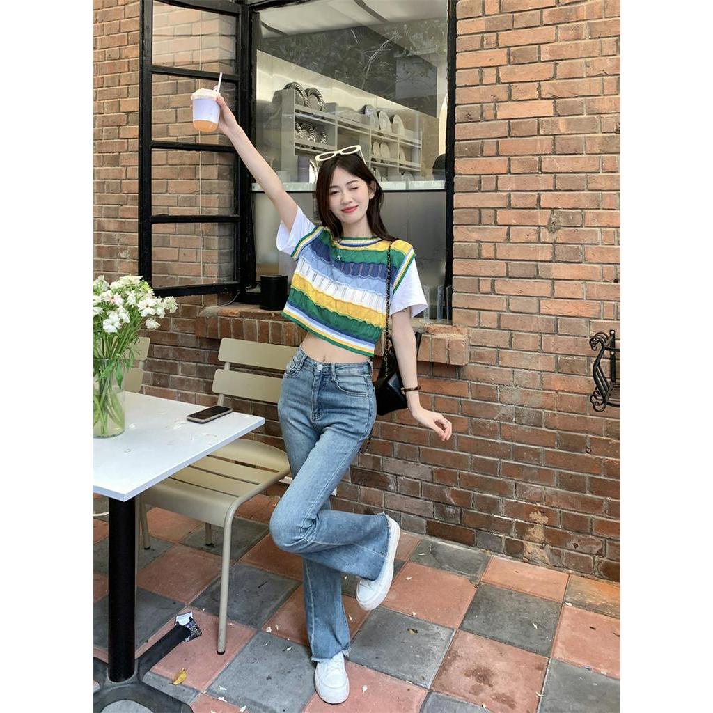 Áo Thun Ba Lỗ Vải Dệt Kim Kẻ Sọc Dáng Ngắn Thời Trang Cá Tính 63369