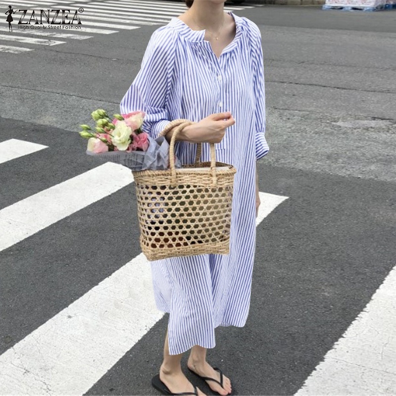 Đầm dài Zanzea tay 3/4 cổ tròn xẻ tà kẻ sọc thời trang dành cho nữ