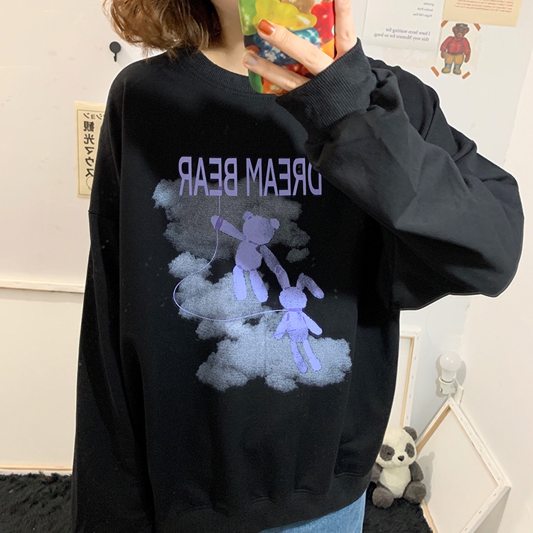 ZHELIHANGFEI Áo Sweater Dáng Rộng Họa Tiết Gấu Hoạt Hình Xinh Xắn