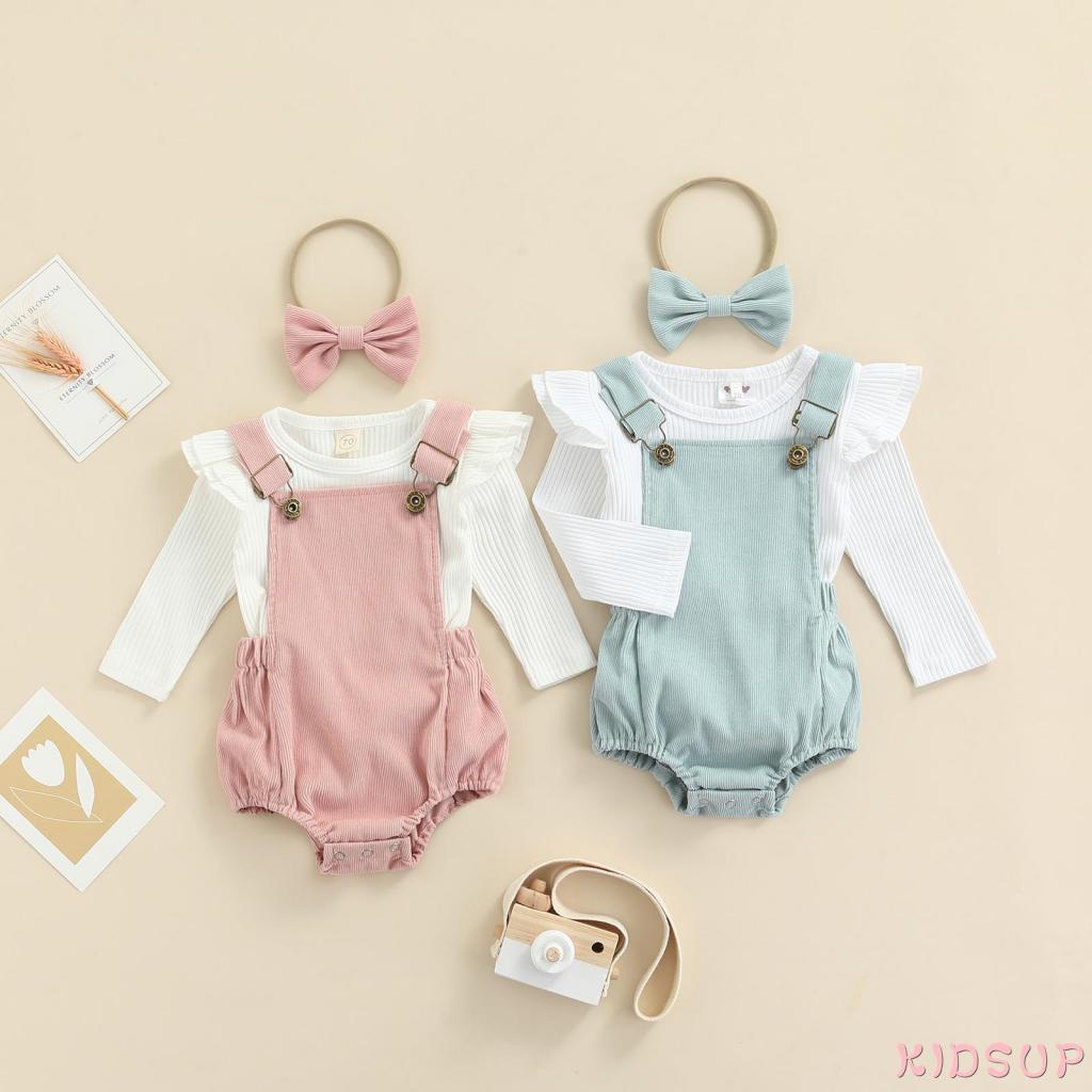 Set đồ 3 món với áo tay dài cổ tròn+quần yếm màu trơn+băng đô cho bé gái