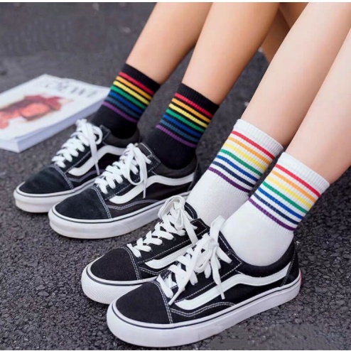 Vớ Cotton Họa Tiết Sọc Cầu Vồng Phong Cách Harajuku Thời Trang Cho Nữ