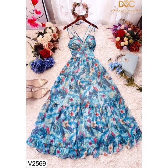 V2569 váy maxi hoa xanh