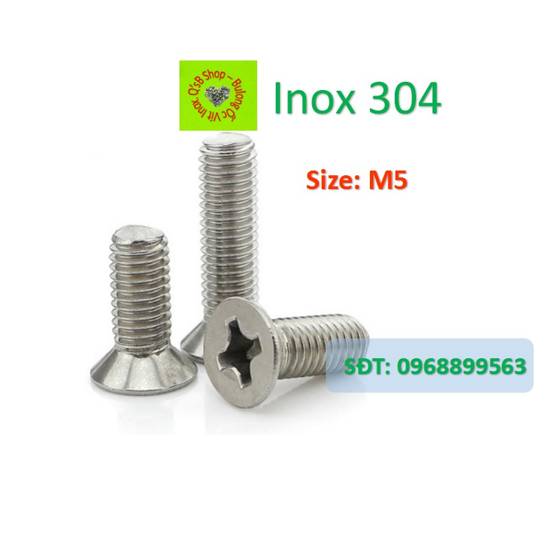 Vít pake đầu bằng inox size M5  , ốc 4 cạnh đầu  non inox, ốc vặn tua vít đầu bằng thân bulong, inox 304