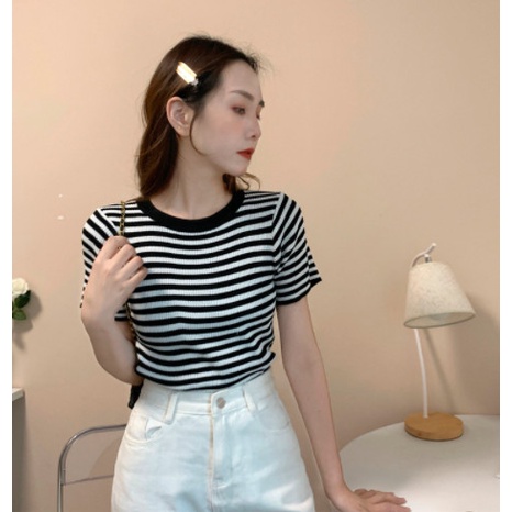 Áo thun nữ cổ tròn ngắn tay họa tiết kẻ sọc 8 màu thời trang 2022