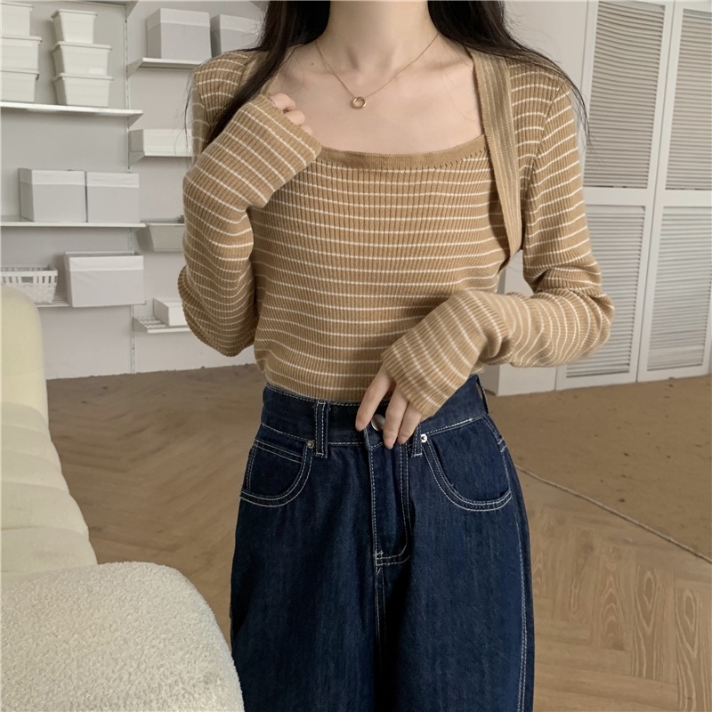 ZHELIHANGFEI Áo Len Tay Dài Kẻ Sọc Giả Hai Lớp Dáng Ôm Thời Trang Cho Nữ