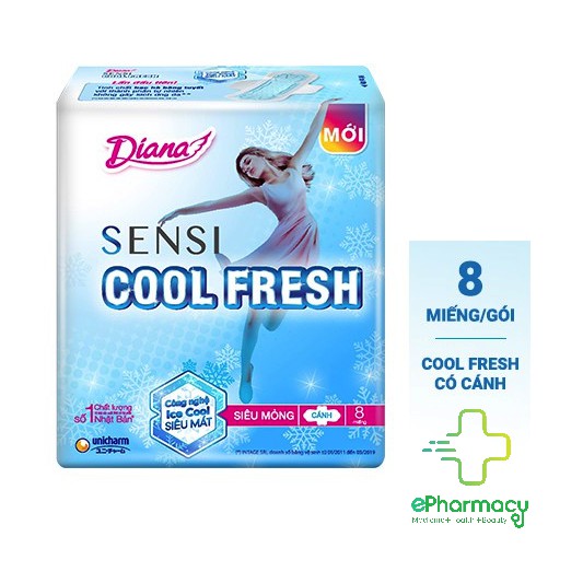 BVS Diana Cool Fresh Siêu Mỏng Cánh - Băng Vệ Sinh Diana SenSi Cool Fresh Siêu Mỏng Cánh 8 Miếng/Gói Và 20 Miếng/Gói