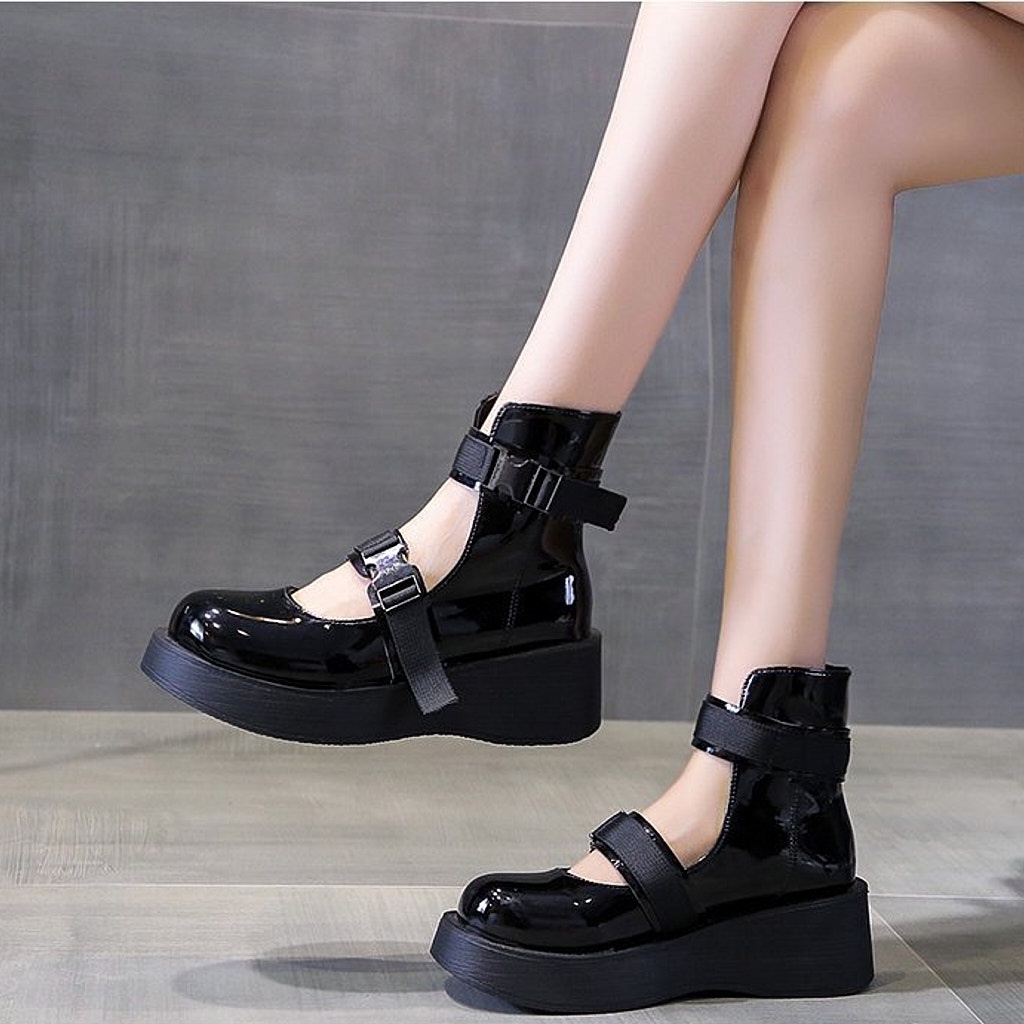 Giày Nữ Ulzzang Phong Cách Vintage, Giày Lolita Marry Jane Da Bóng Mũi Tròn Quai Ngang Gài Đế 5cm Hàn Quốc-Iclassy_shoes