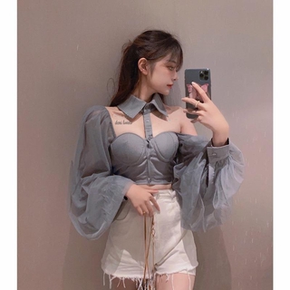 Women Summer Sexy Halter Neck Long Sleeve Mesh Stitching Crop Top