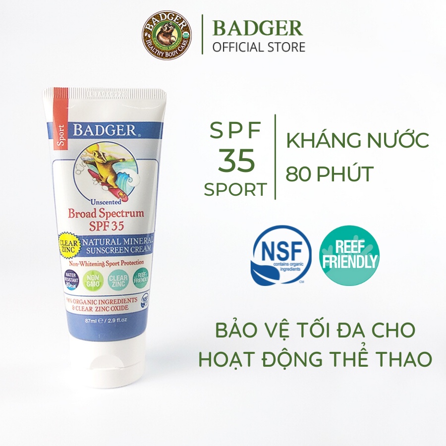 Kem chống nắng vật lý BADGER Sport Clear SPF 35 - Dành cho hoạt động thể thao - 87mL