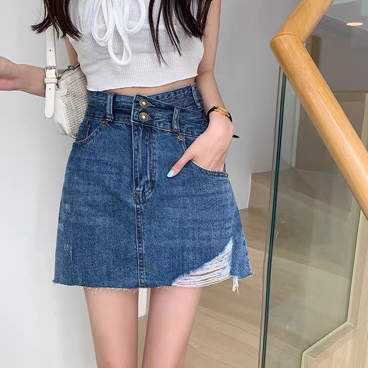 [60kg-90kg] Quần váy jeans BigSize co dãn mạnh phom A nhẹ, lưng cao trên rốn, có quần trong, màu xanh đậm rách kiểu 4290