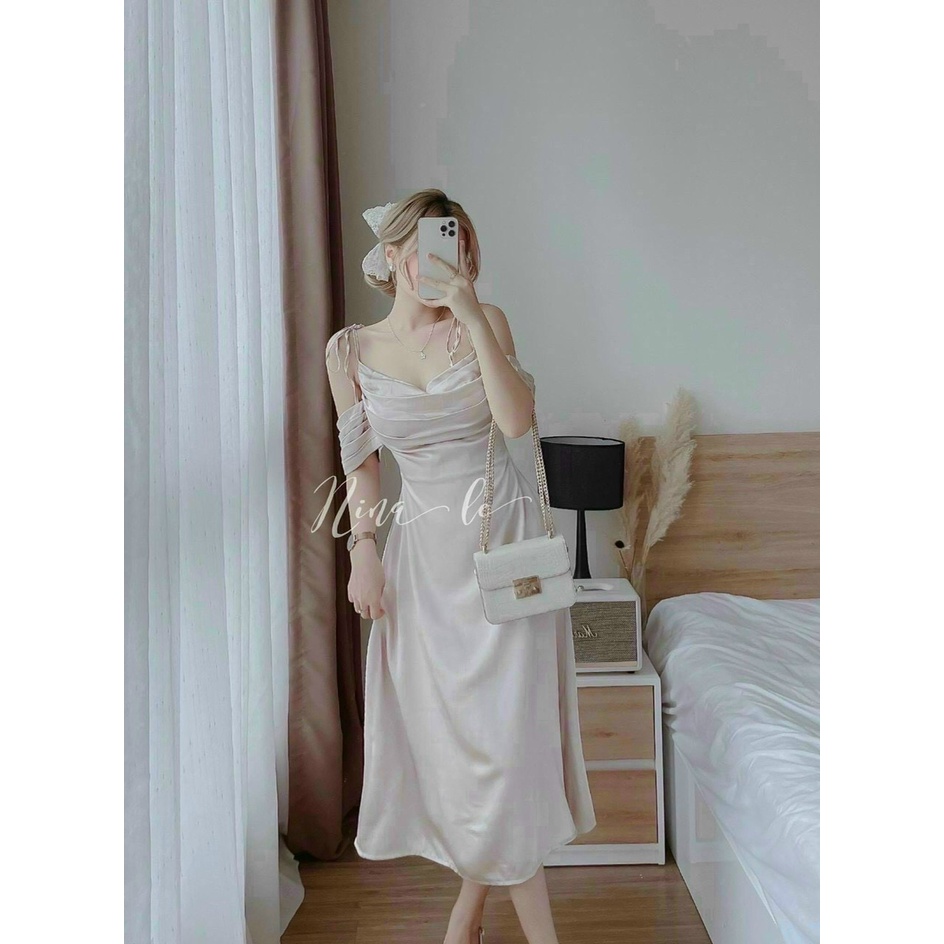 [8.8 Sales Freeship]  đầm lụa trễ vai dây nhún ngực xếp ly, đầm cổ đổ rớt vai dáng dài đi tiệc quyến rũ