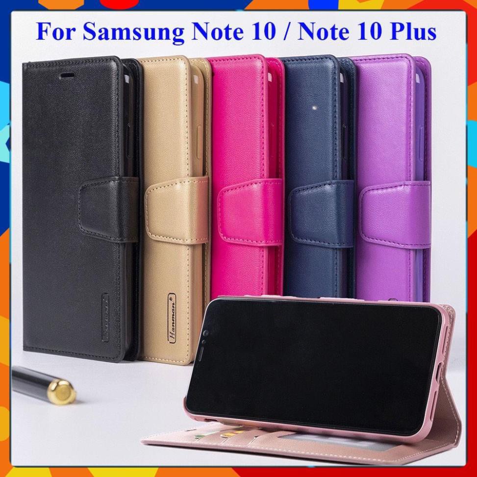 Bao da dạng ví Samsung Galaxy Note 10, Note 10 Plus hiệu Hanman cao cấp, ngăn đựng thẻ ATM tiền tiện lợi