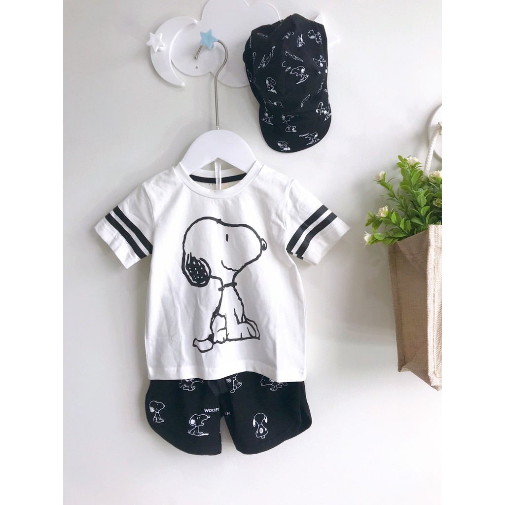 Set Bộ Quần Áo Cộc Tay Kèm Mũ In Hình Snoopy Cho Bé Trai 1 - 6 Tuổi Chất Cotton Siêu Mát Hàng Xuất Mẹ Tều Size 9 - 22 kg