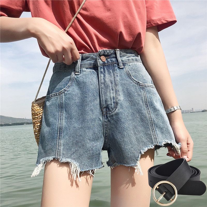 AMOI Quần Short Denim Lưng Cao Ống Rộng Thời Trang Hàn Quốc Cho Nữ