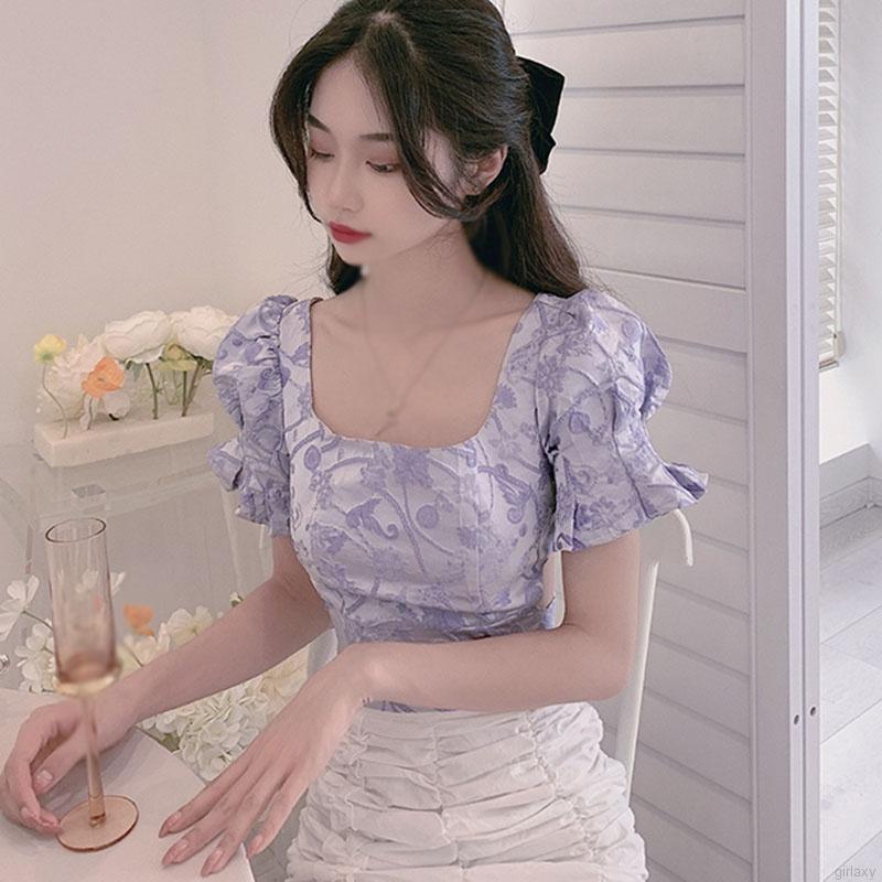 Áo Kiểu Cổ Vuông Tay Phồng Hở Lưng Phong Cách Retro Hàn Quốc Nữ Tính