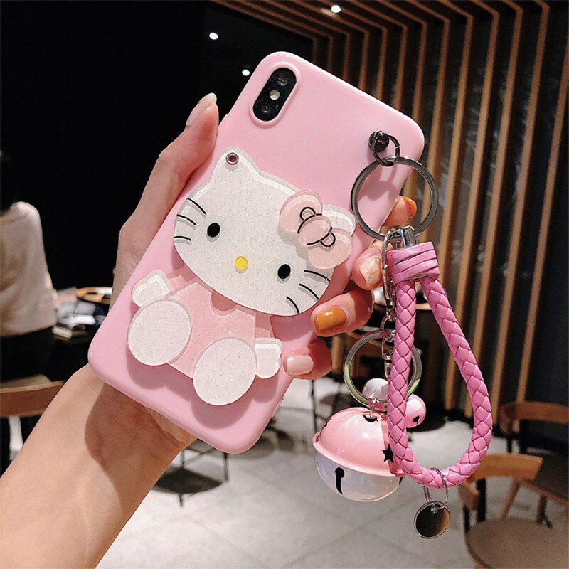 Ốp Điện Thoại Gắn Gương Hình Mèo Hello Kitty 3d + Dây Đeo Cho Iphone 12 Mini 11 Pro Xs Max X Xr 7 8 6 6s Plus Se Đứng