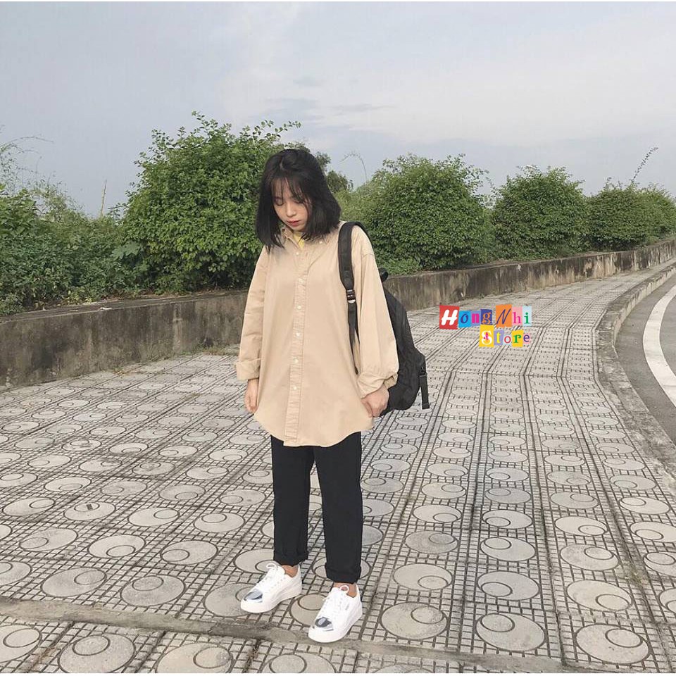 SƠ MI TRƠN DÁNG RỘNG BASIC UNISEX TAY DÀI MÀU TAN - MM | BigBuy360 - bigbuy360.vn