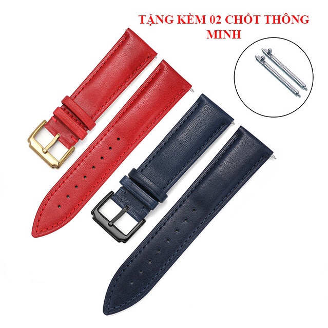 Đỏ/Xanh [TẶNG CHỐT THÔNG MINH] Dây đồng hồ da bò 2 mặt lớp da bò đầu tiên chống thấm nước BO-25 size 18 19 20 21 22mm