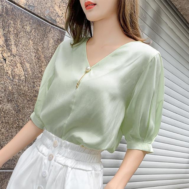 Áo Voan Cổ Chữ V Tay Ngắn Đính Ngọc Trai Thời Trang Mùa Hè 2022 Dễ Phối Đồ Phong Cách Phương Tây Cho Nữ XHE2