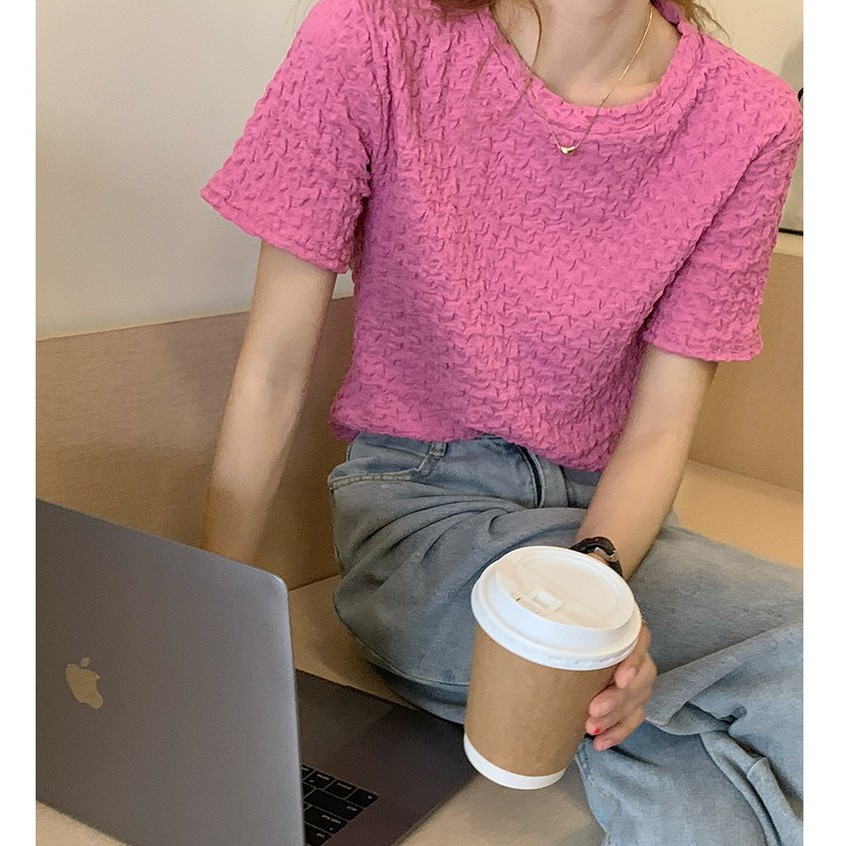 QADCOL Áo thun ngắn tay màu trơn thời trang Hàn Quốc cho nữ