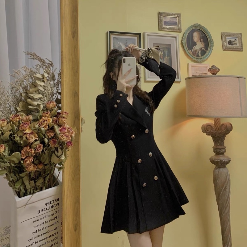 LINA DRESS Đầm vét đen dài tay chân váy xếp ly đầm thu đông thanh lịch phong cách ulzzang Hàn Quốc SAM SAM BOUTIQUE