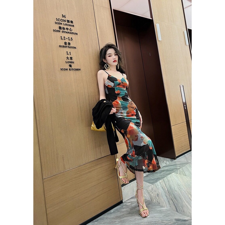 ZYHT Đầm midi Màu Đen Phối Lưới Họa Tiết Hoa Thời Trang Hàn Quốc 20095 Cho Nữ