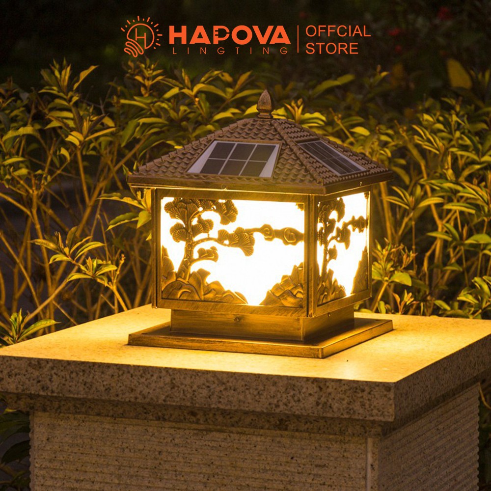 Đèn trụ cổng đồng năng lượng mặt trời cây tùng cỡ 400mm HAPOVA TC 7008