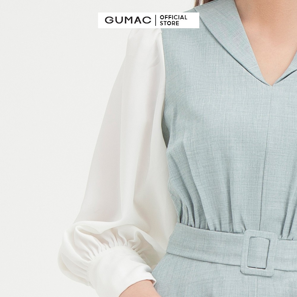 [Mã MABR07062 giảm 8% tối đa 50K đơn từ 249K] Đầm ôm nữ tay dài đai eo GUMAC thiết kế công sở thanh lịch màu xanh DB440 | BigBuy360 - bigbuy360.vn