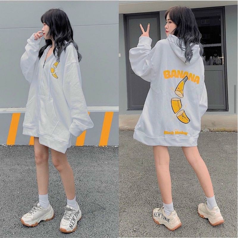 [Giá siêu rẻ] Áo khoác nỉ zip hoodie quả chuối, form rộng, có 2 phối màu đen trắng | BigBuy360 - bigbuy360.vn
