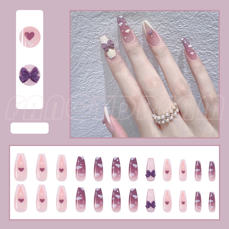 Set 24 móng tay giả màu đen họa tiết hoa/bướm xinh xắn kèm keo dán