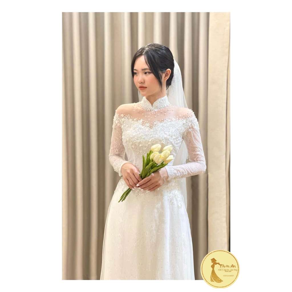 BỘ ÁO DÀI TRẮNG REN CÔ DÂU SANG CHẢNH, ÁO DÀI THIÊN AN CAO CẤP