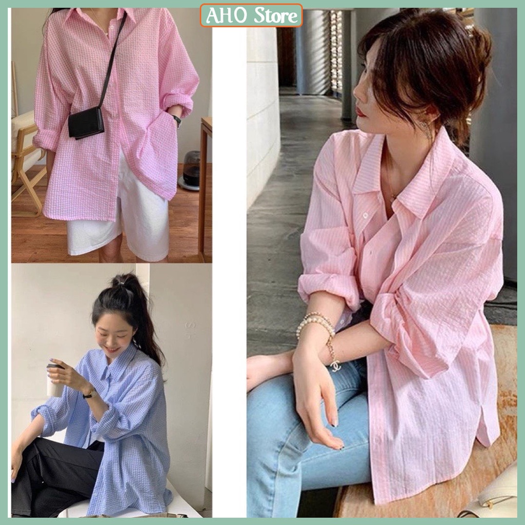 Áo Sơ Mi Nữ Xốp Kẻ Sọc Đuôi Tôm Sơ Mi Nữ Dài Tay Freesize Form Rộng Dáng Thụng