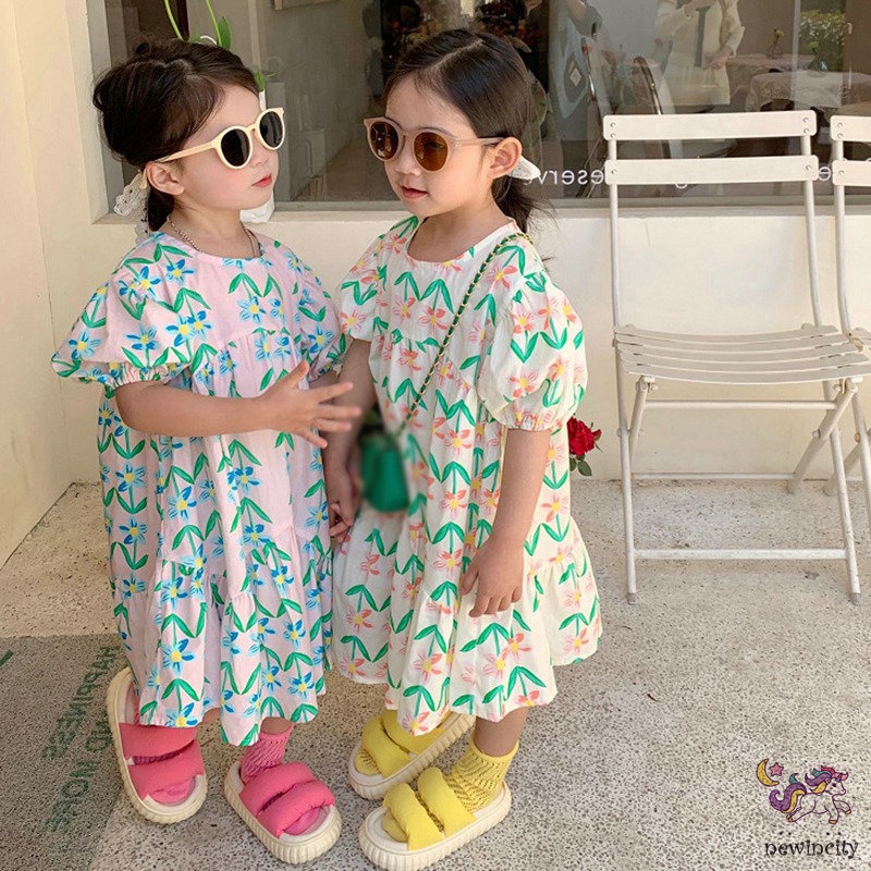 Đầm Công Chúa Tay Bồng In Hoa Phong Cách Hàn Quốc Dành Cho Bé Gái