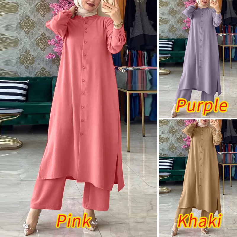 Zanzea Bộ Áo Dài Tay Ngực Và Quần Dài Ống Rộng Lưng Thun Màu Trơn Thời Trang Cho Phụ Nữ Hồi Giáo