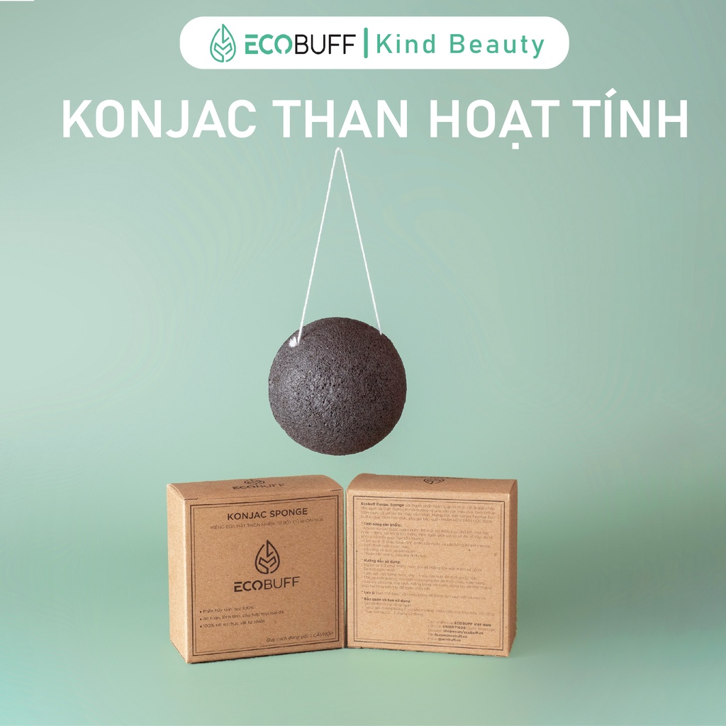 Bọt biển rửa mặt Ecobuff Konjac Sponge THAN HOẠT TÍNH miếng mút bông nở xốp sạch dịu nhẹ