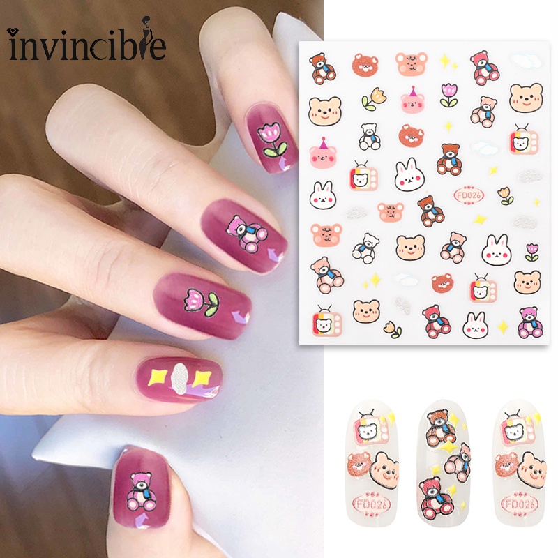 1 Tấm Sticker Dán Móng Hình Gấu 5D Dễ Thương