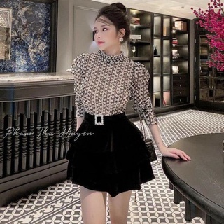 Chân váy nữ ngắn 3 tầng nhung cao cấp kèm mặt khuy đá sang trọng-váy thu đông CV471 SUTANO