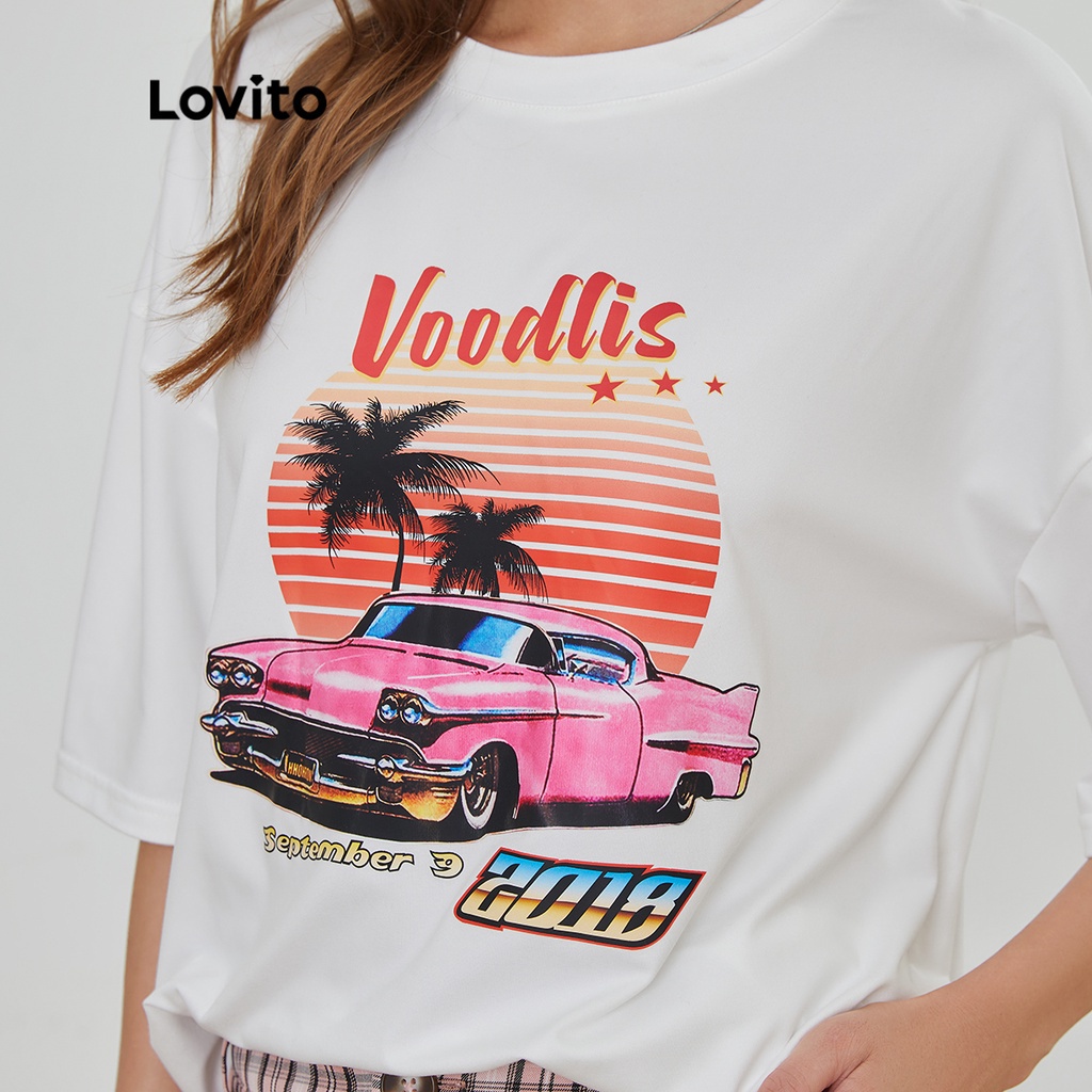 Lovito In khổ thông thường Áo thun cổ tròn In khổ lớn Phong cảnh L24AD030 (Trắng)