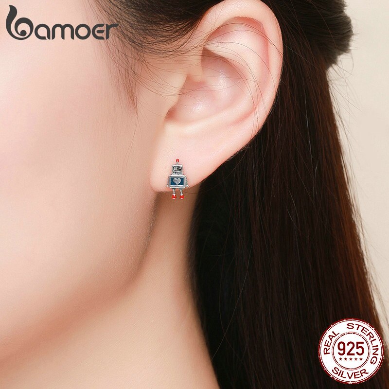 Khuyên Tai Bamoer SCE477 Bạc 925 Thật Hình Người Máy Trái Tim Mang Nét Tuổi Thơ Thời Trang Dành Cho Nữ