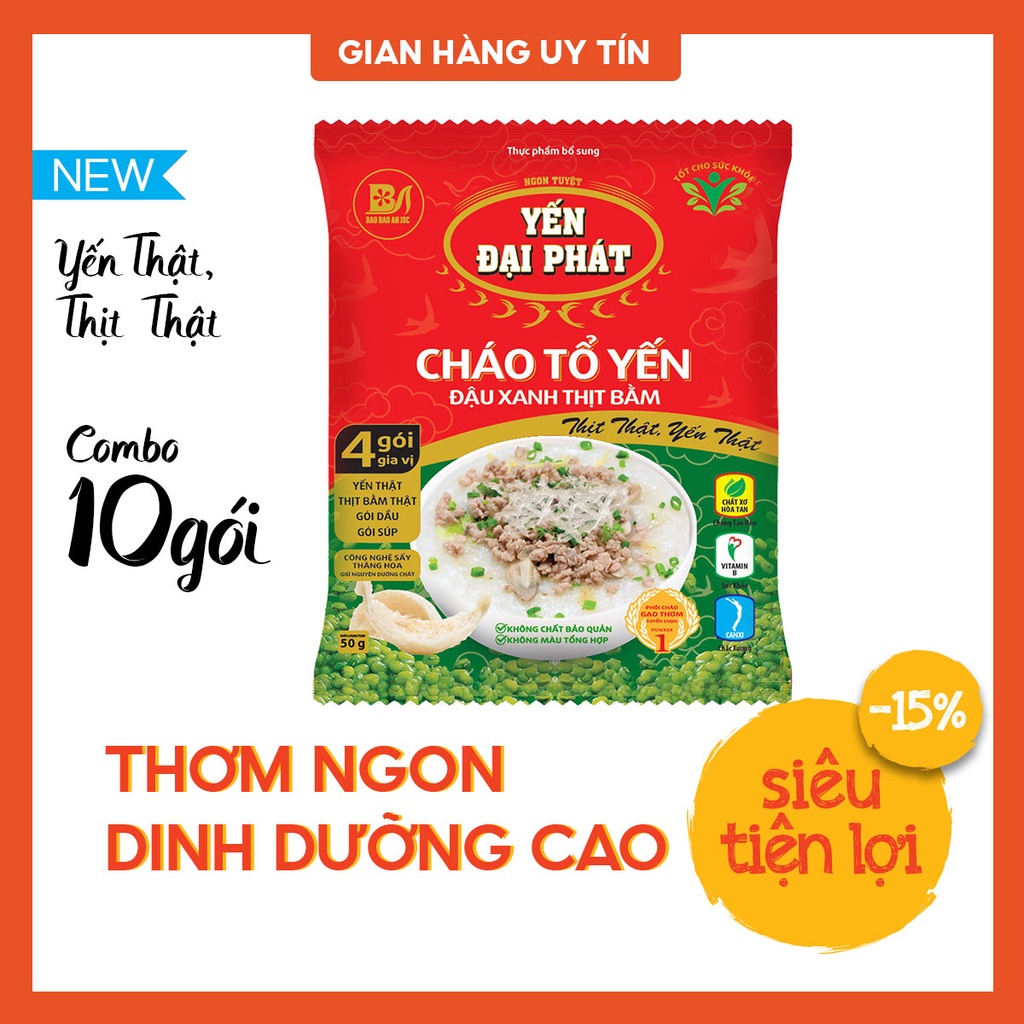 Cháo Tổ Yến Đậu Xanh Thịt Bằm - Yến Đại Phát (10 gói x 50gram) 4 gói gia vị, ăn liền, tiện lợi, thơm ngon.