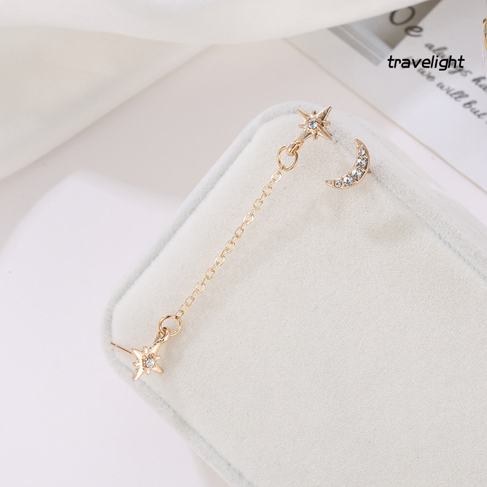 【TL】2Pcs Women Rhinestone Inlaid Crescent Moon Star Charm Chain Ear Studs Jewelry