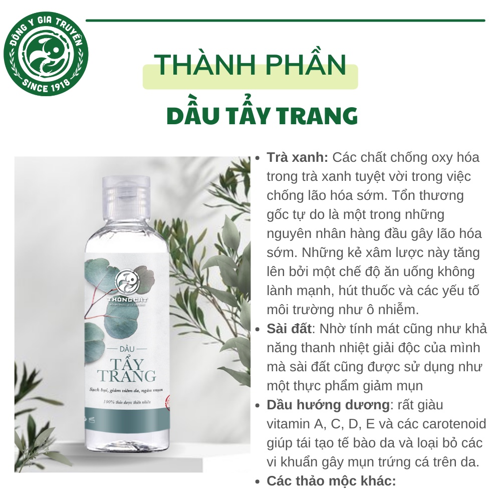 Dầu tẩy trang Đông gia truyền Thông Cát- Tẩy sạch lớp trang điểm, cấp ẩm cho da trong ngày hanh khô