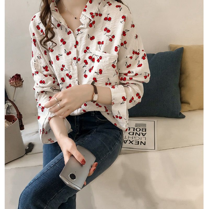 Áo sơ mi nữ tay dài dáng rộng in hình quả cherry phong cách Hàn Quốc mới