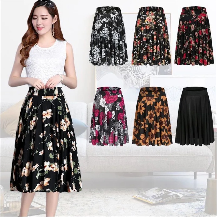 Chân Váy Lửng Lưng Thun Bằng Lụa Sữa In Hoa Cỡ Lớn Mùa Hè