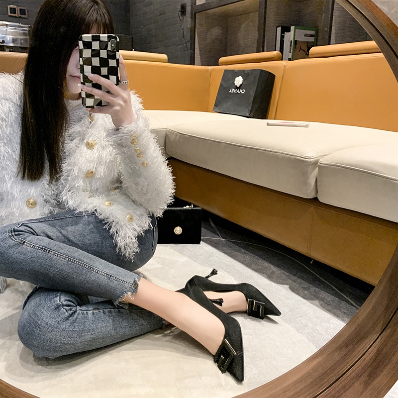 Giày Cao Gót Mũi Nhọn Màu Đen Phối Khóa Vuông Thời Trang Công Sở Thanh Lịch Cho Nữ