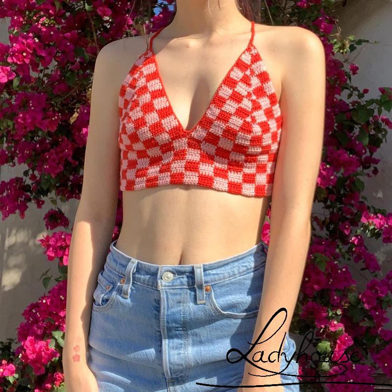 Áo Croptop Hai Dây In Họa Tiết Kẻ Ô Hở Lưng Cho Nữ