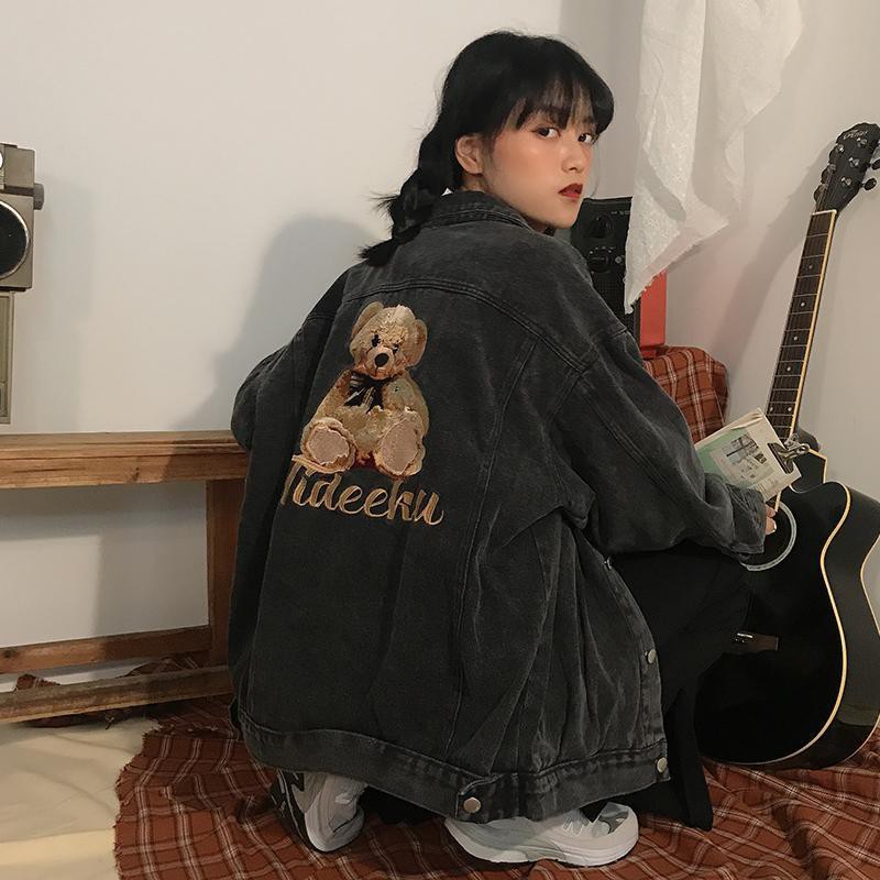 Áo Khoác Denim Màu Đen Dáng Rộng Thêu Hình Gấu Kiểu Hàn Quốc Thời Trang Mùa Thu 2020 Cho Nữ