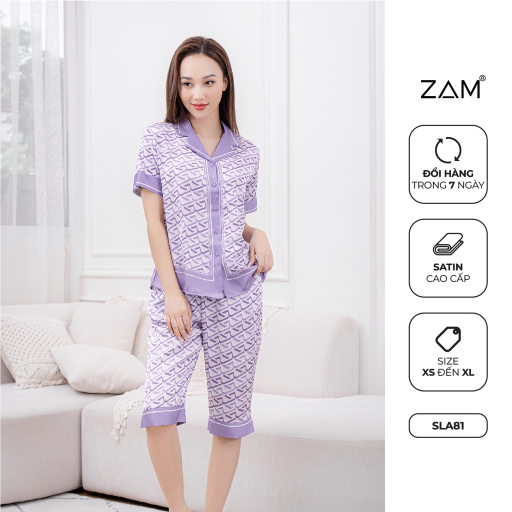 [Mã FATREND1910 giảm đến 30k tối đa 99k] Bộ ngủ satin ZAM Luxury - SLA81 - áo ngắn tay quần lửng họa tiết