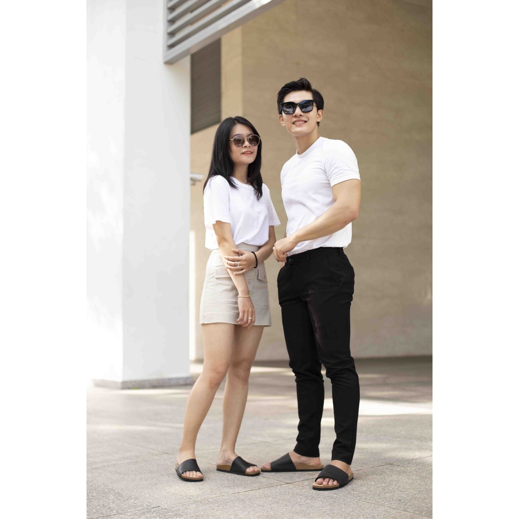 Dép unisex 1 Quai Ngang HUUCUONG Quai Da Thật Màu Đen Đế Trấu