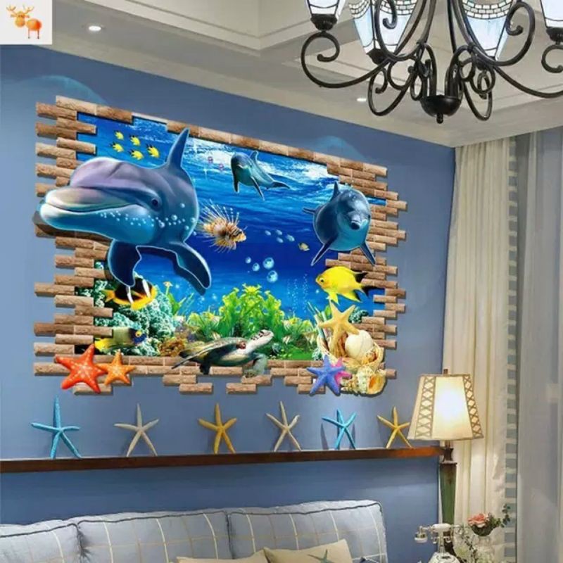 Decal dán tường 3D- Cá voi đại dương xanh 🐳